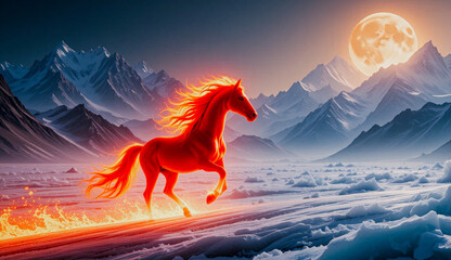 Year of the Red Fire Horse 2026. A mythical fire horse gallops across a snowy plain among glacier-covered mountains under a huge moon. Symbol of the Chinese zodiac