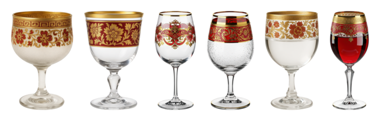 Ornate gold and red wine glass set including various decorative patterns and textures isolated. Elegant barware and luxury table settings.