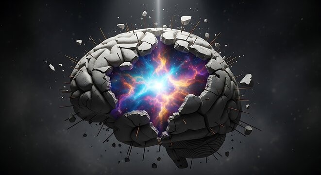 A cracked, stone-like brain exploding with vibrant, colorful energy and light from its core.
