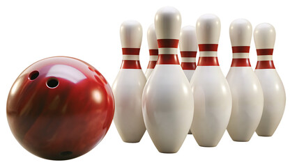 Naklejka premium Red bowling ball and white pins on white background isolated on a transparent background 2