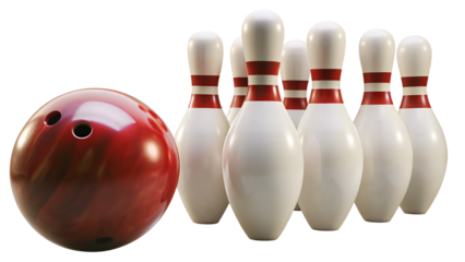 Red bowling ball and white pins on white background isolated on a transparent background 2