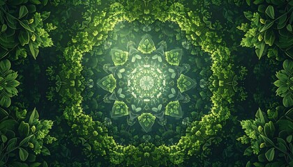 A symmetrical, detailed design features a radiating pattern of stylized leaves, creating a rich, vibrant, and intricate green landscape.
