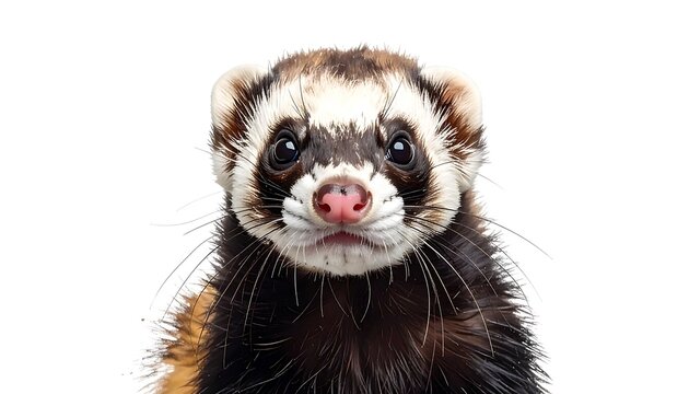 Close-up portrait of a ferret, showcasing its intricate coat patterns and expressive eyes against a pure white background.