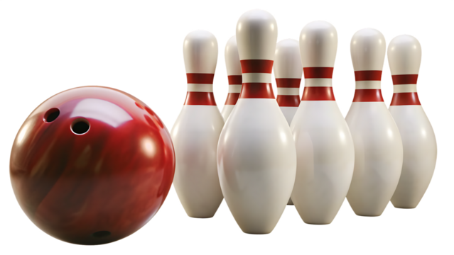 Red bowling ball and white pins on white background isolated on a transparent background 2