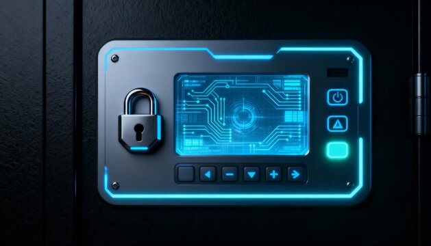 high-tech glowing lock interface in dark background, digital security access panel, sci-fi design