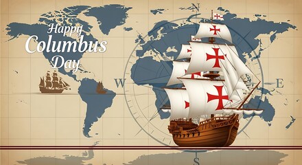 Vintage world map with sailing ships and text happy columbus day