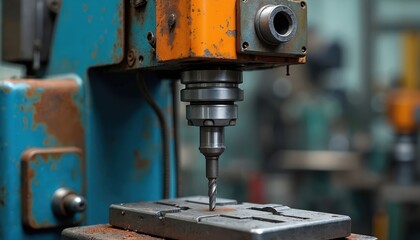 Industrial drill press performs precision metalwork in workshop. Rusty blue machine with orange accents, steel drill bit engages metal plate. Machining process in manufacturing facility, heavy