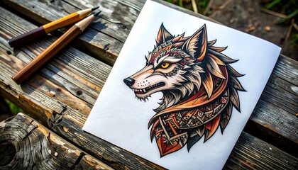 Intricately designed wolf head illustration, adorned with tribal patterns, on a drawing paper surrounded by colored pencils