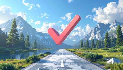 A vibrant, serene landscape with a large, three-dimensional, crimson checkmark mark in the middle of a paved roadway, showcasing a picturesque alpine scene.