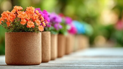 Focused medium shot of textured fiberbased pots holding vibrant flowers illustrating renewable gardening solutions with a softly blurred green environment.