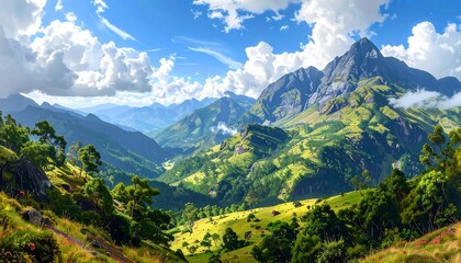 Majestic Mountain Range Panorama, Lush Green Valleys and Cloudscape