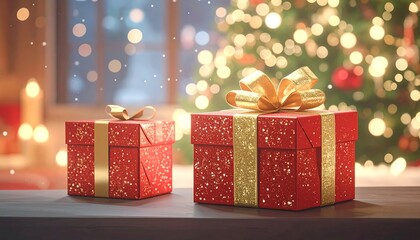 Two red gift boxes, gold ribbon, Christmas background