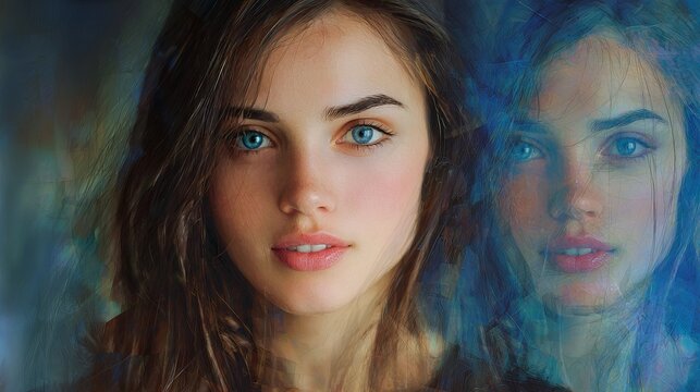 Captivating portrait of a young woman with striking blue eyes, exuding mystery and modern elegance.