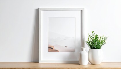 A light wood shelf holds a framed landscape photo of dunes, a small white vase, and a potted plant against a white wall