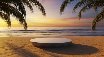Obraz premium Tropical Sunset Beach with Circular Platform and Palm Fronds