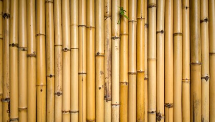 A close-up view of a natural bamboo fence, showcasing the texture and warm golden hues of the stalks.
