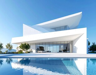 Stunning modern architectural marvel featuring a striking white facade and a tranquil reflecting pool under a clear blue sky