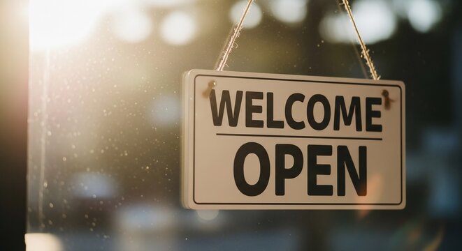 Welcome, we're open for business! A bright and inviting sign for your shop or storefront window