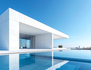 Luxurious modern white architecture with a crystal-clear infinity pool under a bright blue sky