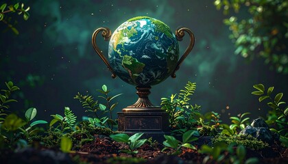 A trophy with an earth globe design sits among lush green plants, symbolizing environmental achievement and sustainability.