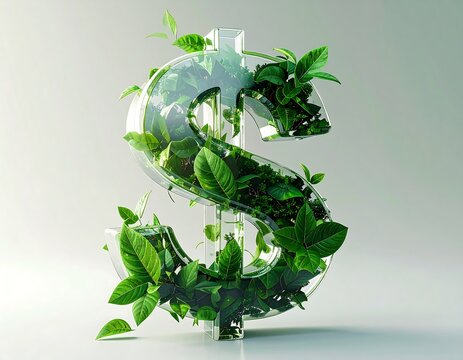 A transparent dollar sign design is artistically adorned with lush green foliage, evoking a concept of sustainable finance and eco-friendly growth.