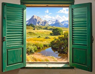A verdant valley unfolds beyond a pair of emerald shutters, showcasing a serene landscape and majestic mountains.