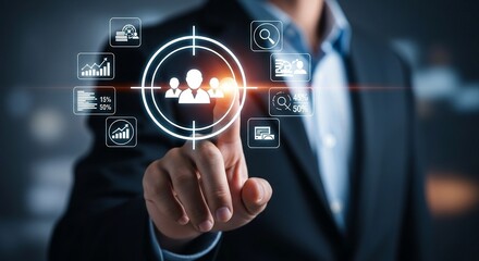Professional selecting team members with data analytics in modern business strategy interface