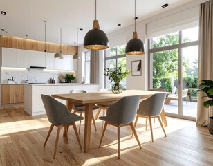 Modern open-plan dining and kitchen interior. Wooden table, contemporary chairs, pendant lights, and natural light from large windows create an inviting home design