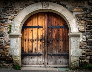 Aged wooden double doors, arched entryway, and stone wall, create a timeless image of an antique structure.