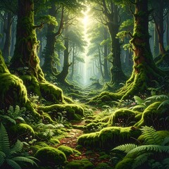 A sun-drenched forest path winds through lush vegetation, dappled with moss and vibrant greenery.