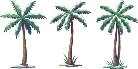 Snow covered palm trees, tropical winter scene, cartoon illustration, exotic holiday background, unusual climate concept, seasonal artwork, nature design, creative landscape