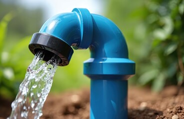 Close-up of blue PVC pipe releasing water in backyard setting. Bright lighting illuminates water flow, plastic pipe against blurred green background. Image represents water supply, irrigation,