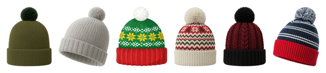 Winter hat set including knitted, Fair Isle, striped, solid, ribbed, and pom-pom styles isolated. Cozy cold weather apparel collection.