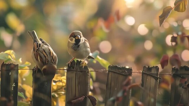 two small sparrows perched on a wooden fence Videos