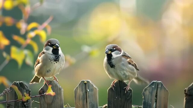 two small sparrows perched on a wooden fence Videos