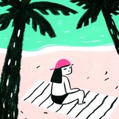 Hand-drawn girl sitting on towel at beach, cap on head, sketchy style.