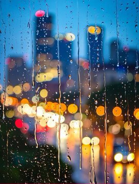 Rain falling on window glass, blurred city lights in the background
