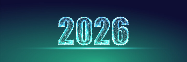 2026 New Year bright glowing vector in low poly wireframe style on modern green blue gradient 