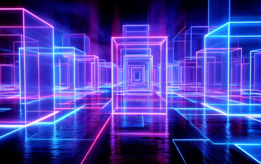 Vibrant neon-lit geometric cubes creating a futuristic digital scene