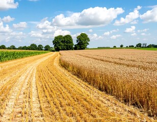 Obraz premium Golden harvested fields under a summer sky