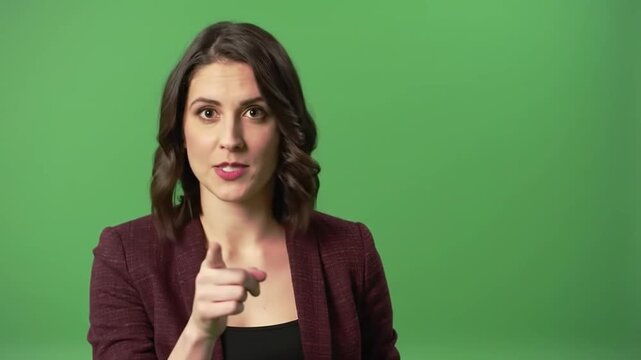 Businesswoman giving a presentation in front of a green screen background with a confident expression.