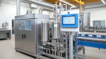 Clean in place (CIP) sanitation system for protein bar production line automated cleaning cycles in progress sanitizing foam covering equipment surfaces control room operator - Powered by Adobe