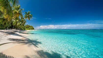Naklejka premium Serene Tropical Paradise Featuring An Exquisite Sandy Beach Surrounded By Vibrant Palm Trees And Crystal Clear Turquoise Waters