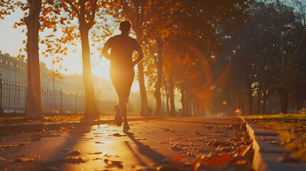a young athlete jogging in the city park at sunrise, modern sportswear, motivational and energetic vibe, cinematic ad shot, 16:9