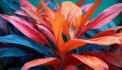 Colorful Abstract Plant Design With Vibrant Orange Teal And Pink Leaves Creating Surreal And Artistic Atmosphere