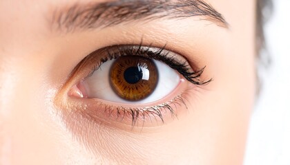 Obraz premium Close-up of a woman's eye, highlighting the rich brown iris and delicate eyelashes against smooth skin.
