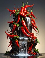 A vibrant, artistic depiction of a cascading waterfall adorned with numerous red chilies, showcasing a dynamic display of water and produce.