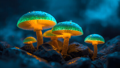 Fototapeta premium Glowing mushrooms with shiny green caps, bright orange stems, and yellow edges on dark rock with soft blue bokeh in magical futuristic atmosphere for clean fantasy visuals
