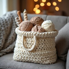 Obraz premium Cozy scene of knitted tote bag overflowing with balls of yarn and knitting needles on sofa. Neutral tones and warm ambient light create homey atmosphere, perfect for crafting and handmade hobbies.