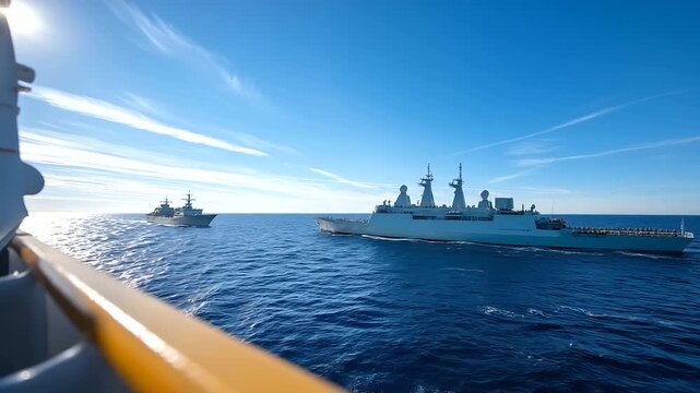 Joint naval exercise featuring multiple allied nations' maritime forces conducting coordinated security operations. Professional military bearing and international cooperation demo